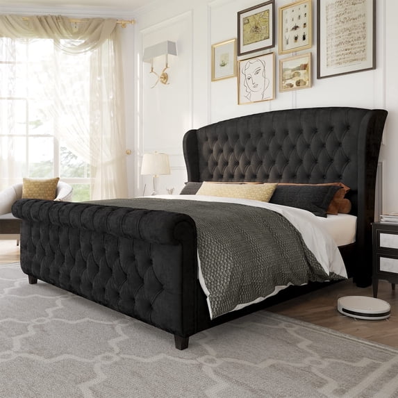 VanAcc Platform Bed Frame, Velvet Upholstered Sleigh Bed Frame with Scroll Wingback Headboard & Footboard/Button Tufted/Easy Assembly