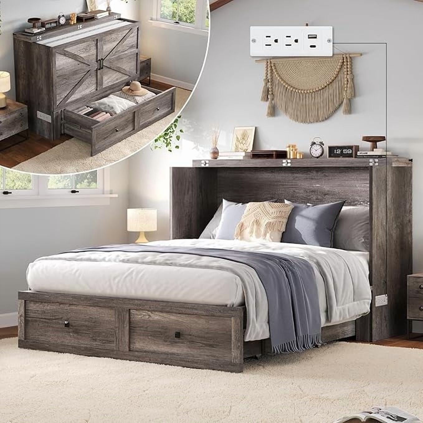 AMERLIFE Full Murphy Bed with Storage & Charging Station, Farmhouse Murphy Cabinet with Foldable Panel, Noisy Free, for Guest Bedroom, Living Room, Office, Distressed White & Barnwood