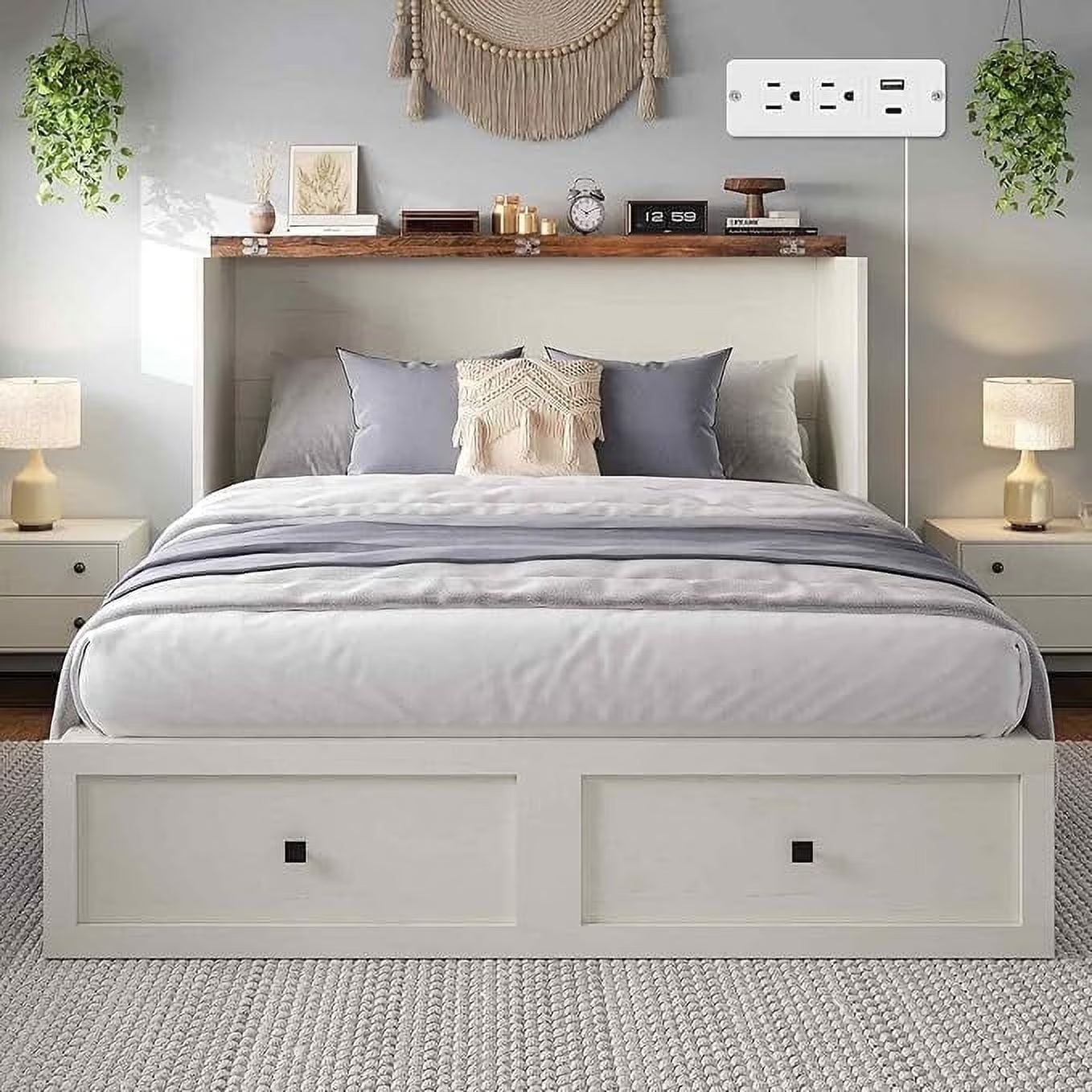 AMERLIFE Full Murphy Bed with Storage & Charging Station, Farmhouse Murphy Cabinet with Foldable Panel, Noisy Free, for Guest Bedroom, Living Room, Office, Distressed White & Barnwood