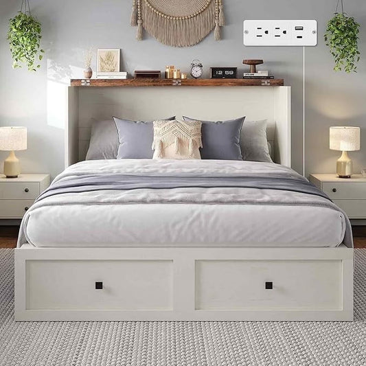 AMERLIFE Full Murphy Bed with Storage & Charging Station, Farmhouse Murphy Cabinet with Foldable Panel, Noisy Free, for Guest Bedroom, Living Room, Office, Distressed White & Barnwood
