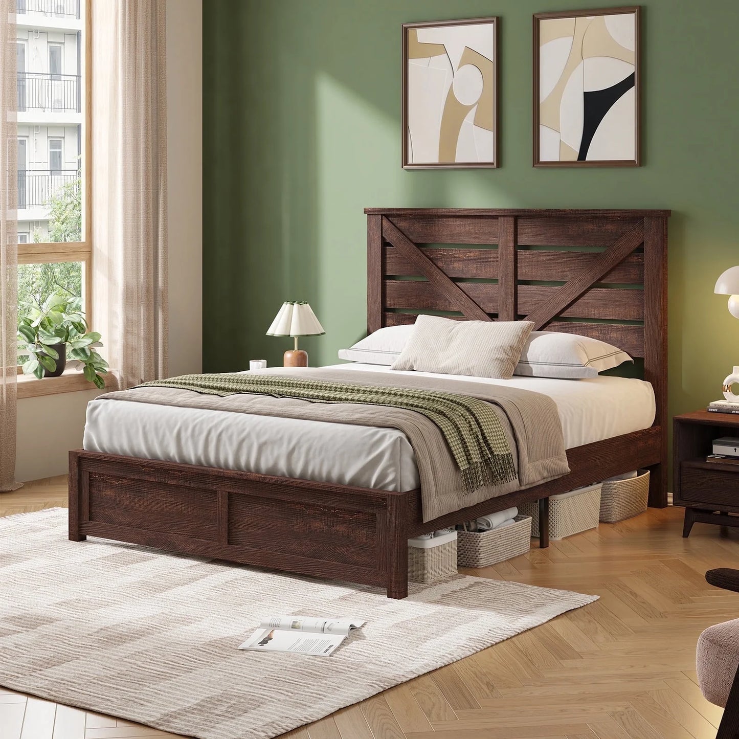 VANACC Platform Bed Frame with Wood Grain Headboard, Farmhouse Bed Frame with Storage/No Box Spring Needed/Noisy Free/Easy Assembly