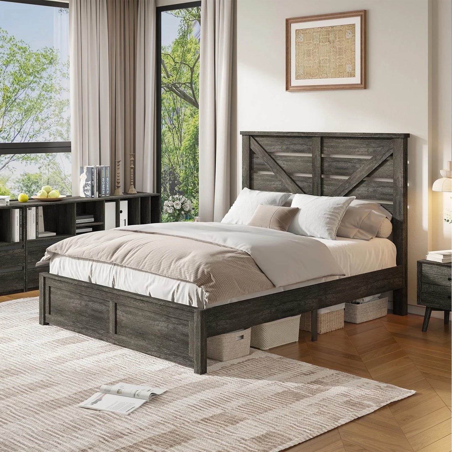 VANACC Platform Bed Frame with Wood Grain Headboard, Farmhouse Bed Frame with Storage/No Box Spring Needed/Noisy Free/Easy Assembly