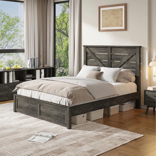 Papajet Farmhouse Bed Frame with Barn Door Headboard, Wood Slats and Storage Space