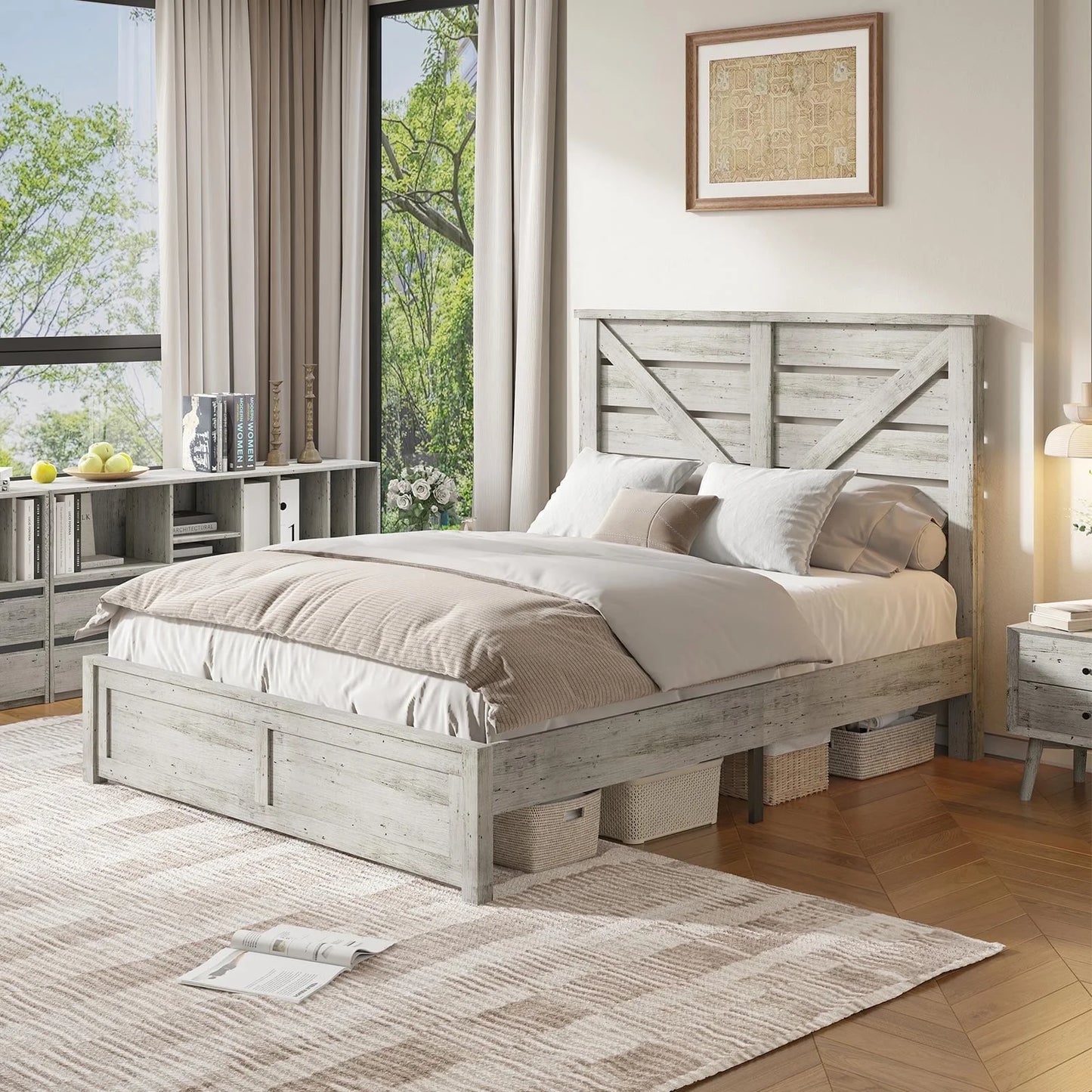 VANACC Platform Bed Frame with Wood Grain Headboard, Farmhouse Bed Frame with Storage/No Box Spring Needed/Noisy Free/Easy Assembly