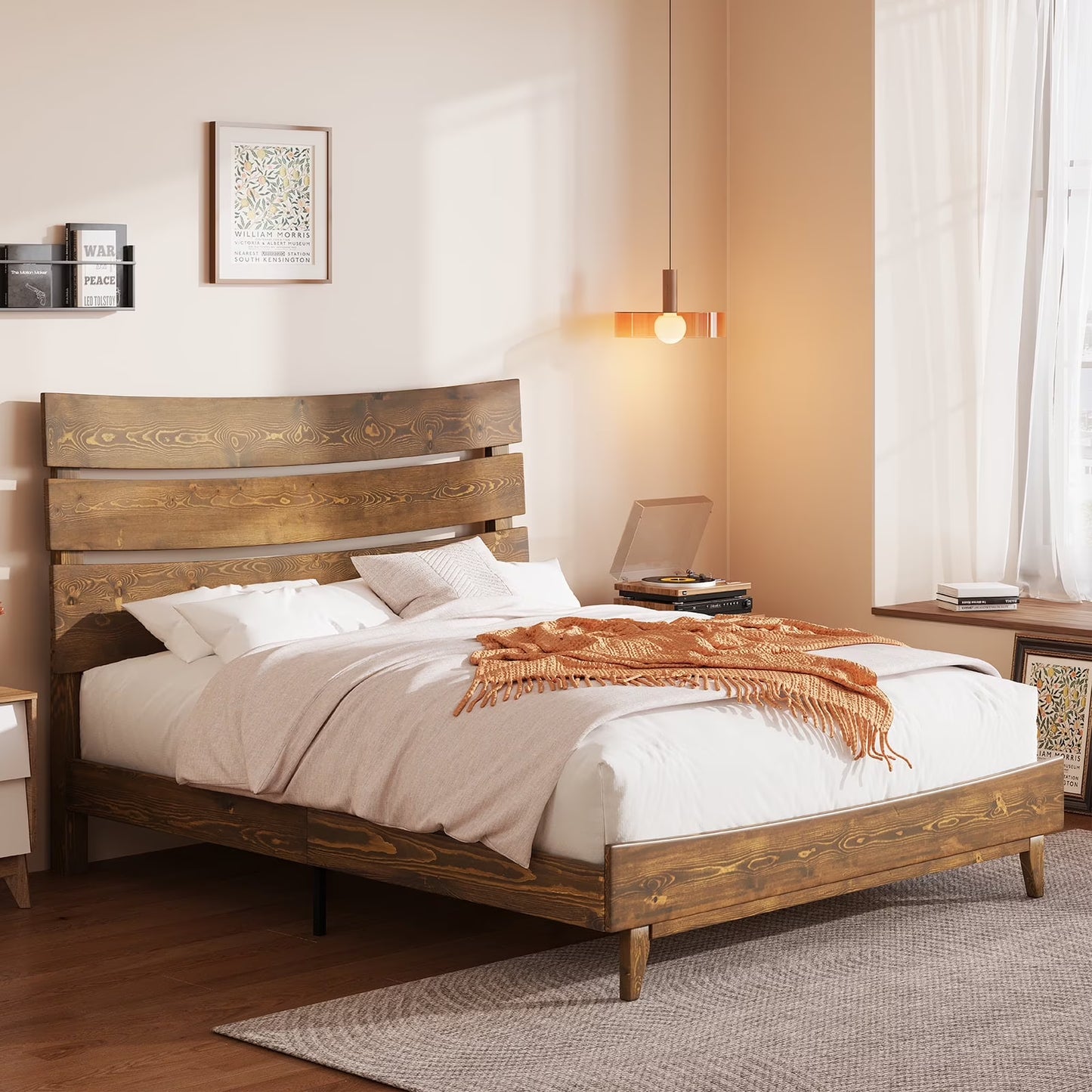 VanAcc Solid Wood Bed Frame Platform with Wooden Headboard