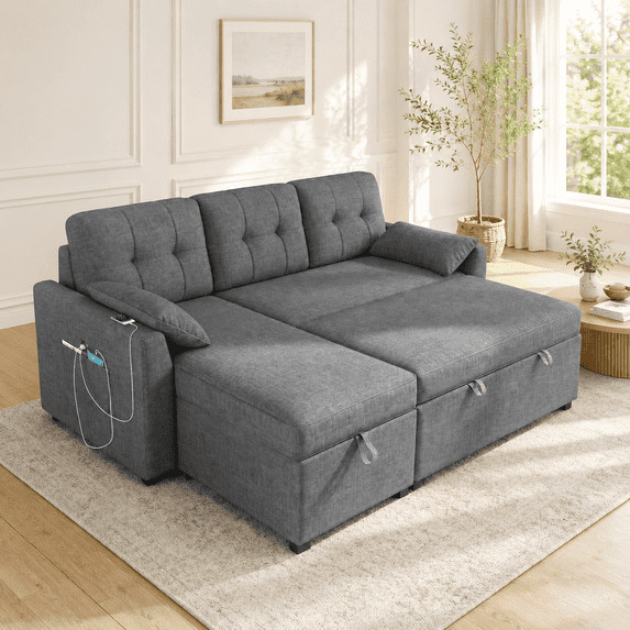 VANACC Sectional Sofa Bed with Storage and Soft Seat ,Reversible Pull Out Couch for Living Room,Gray