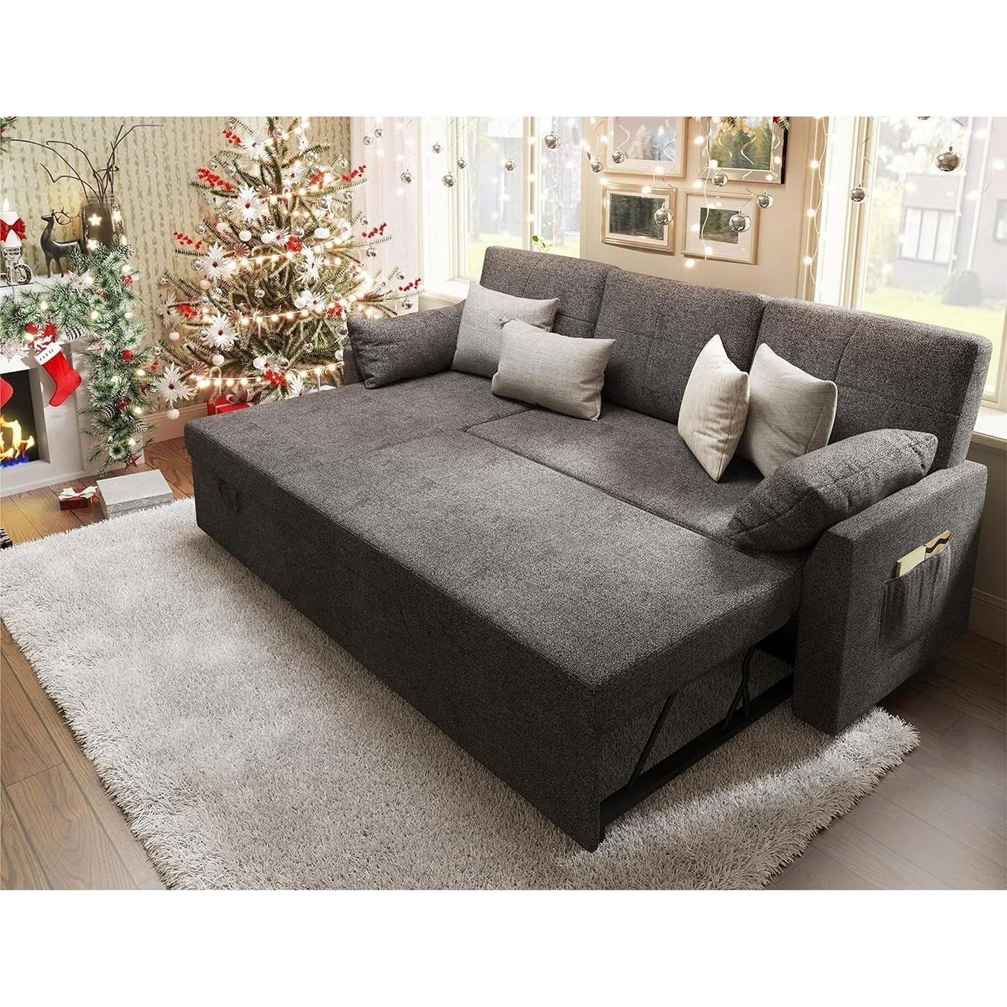 VANACC Sleeper Sofa Bed 2 in 1 Pull Out with Storage Chaise for Living Room, Grey Chenille Couch