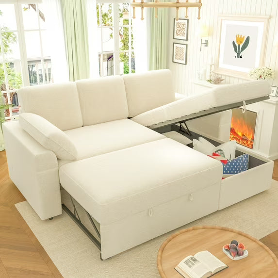 VANACC Sleeper Sofa Bed with Foldable Armrests, Storage Chaise & 5" Cushions