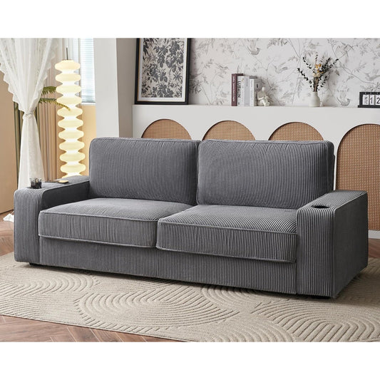 VANACC Sofa, Modern Sofa with USB & Cup Holders, Comfy Couch for Living Room (Grey Corduroy)