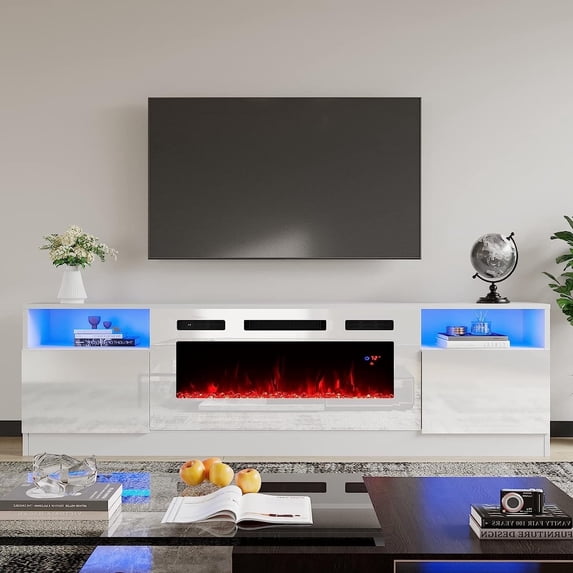 VANACC TV Stand with Fireplace, Entertainment Center with 36" Electric Fireplace, 70" Modern Wood Entertainment Stand for TVs up to 80", White