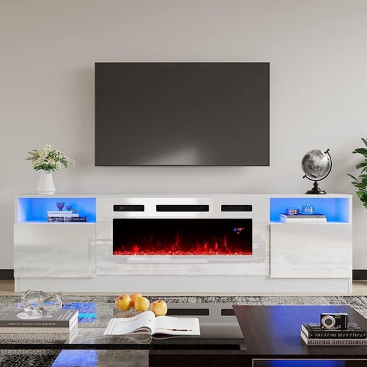 VANACC TV Stand with Fireplace, Entertainment Center with 36" Electric Fireplace, 70" Modern Wood Entertainment Stand for TVs up to 80", White