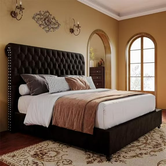 VanAcc 52.8" High Upholstered Bed Frame Platform Sleigh Bed with Deep Button Tufted Headboard/Easy Assembly