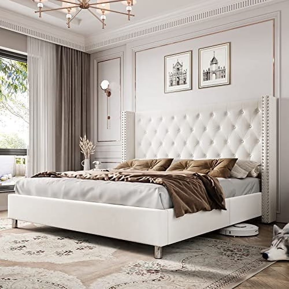 VanAcc Bed Frame Upholstered Bed Velvet Low Profile Platform Bed with Raised Wingback Headboard/No Box Spring Needed/Easy Assembly
