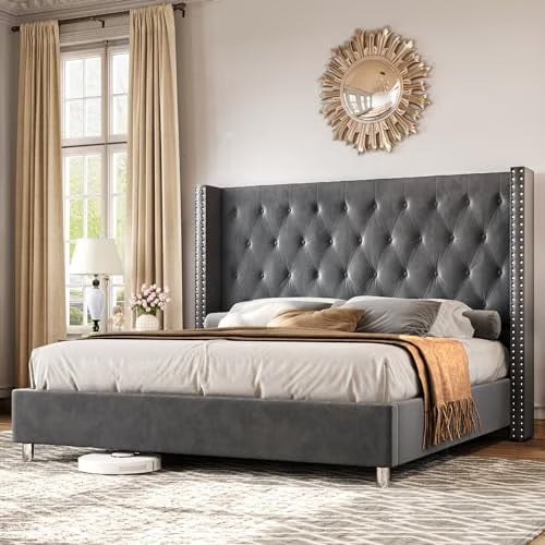 VanAcc Bed Frame Upholstered Bed Velvet Low Profile Platform Bed with Raised Wingback Headboard/No Box Spring Needed/Easy Assembly