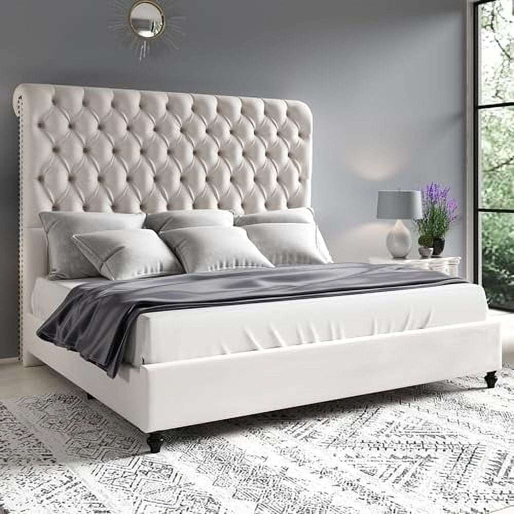 VanAcc Velvet Upholstered Platform Bed Frame with Deep Button Tufted Tall Sleigh Headboard