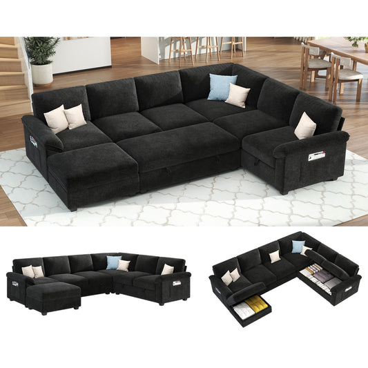VanAcc 105" Sofa Bed, Sectional Sleeper Sofa with Pull Out Bed/Reclining Backrest, Sleeper Couch Bed with Storage, 6 Seater Couch Bed, Chenille Black