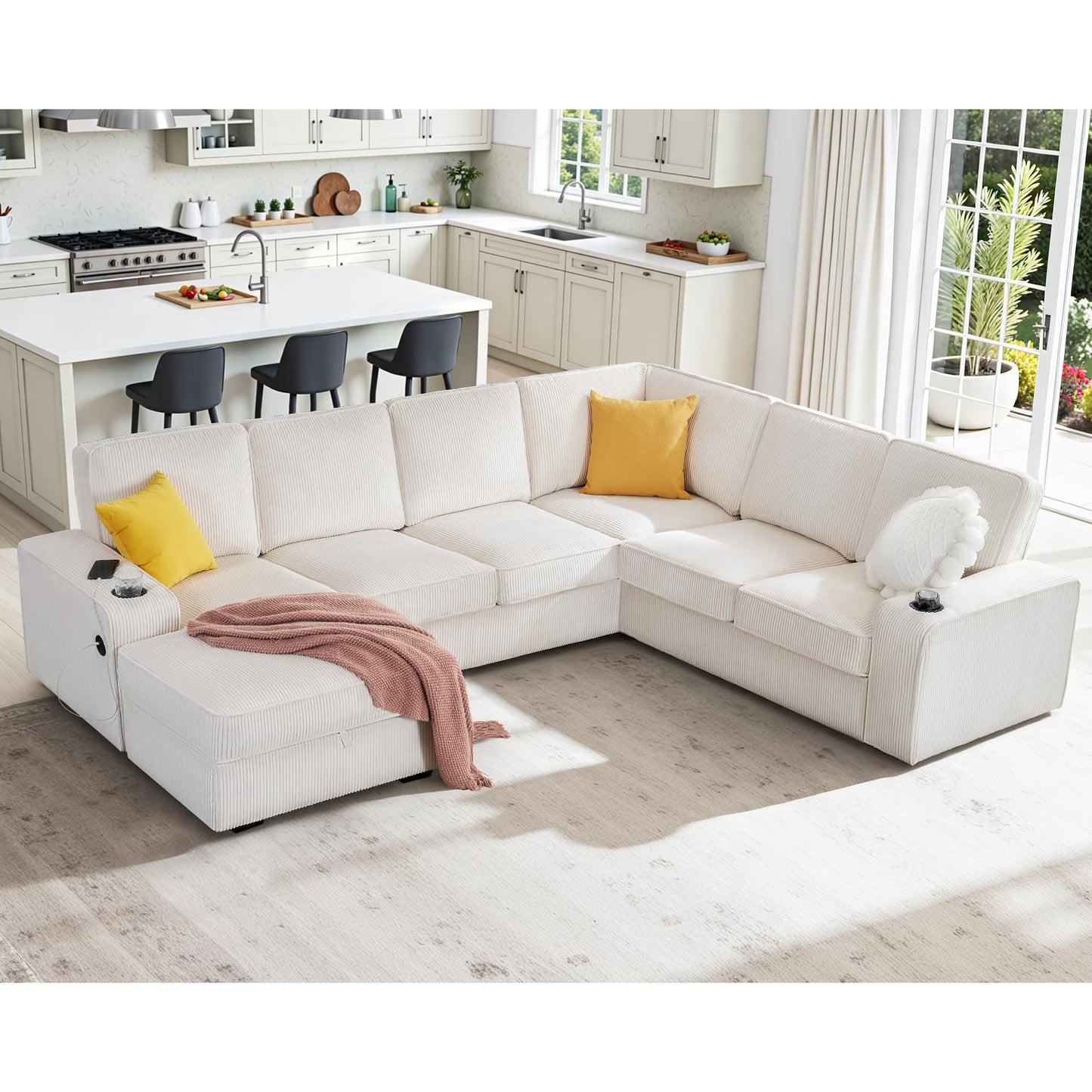 VanAcc 112" Sectional Sofa with USB Ports & Cup Holder, U Shaped Sofa Couch with Storage