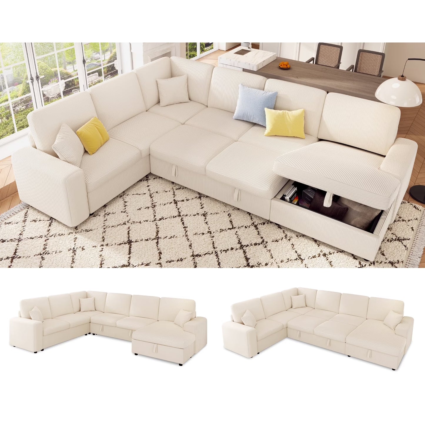VanAcc 130" Sofa Bed, Sectional Sleeper Sofa with Pull Out Bed, Sleeper Couch with Storage, 6 Seater Couch for Living Room