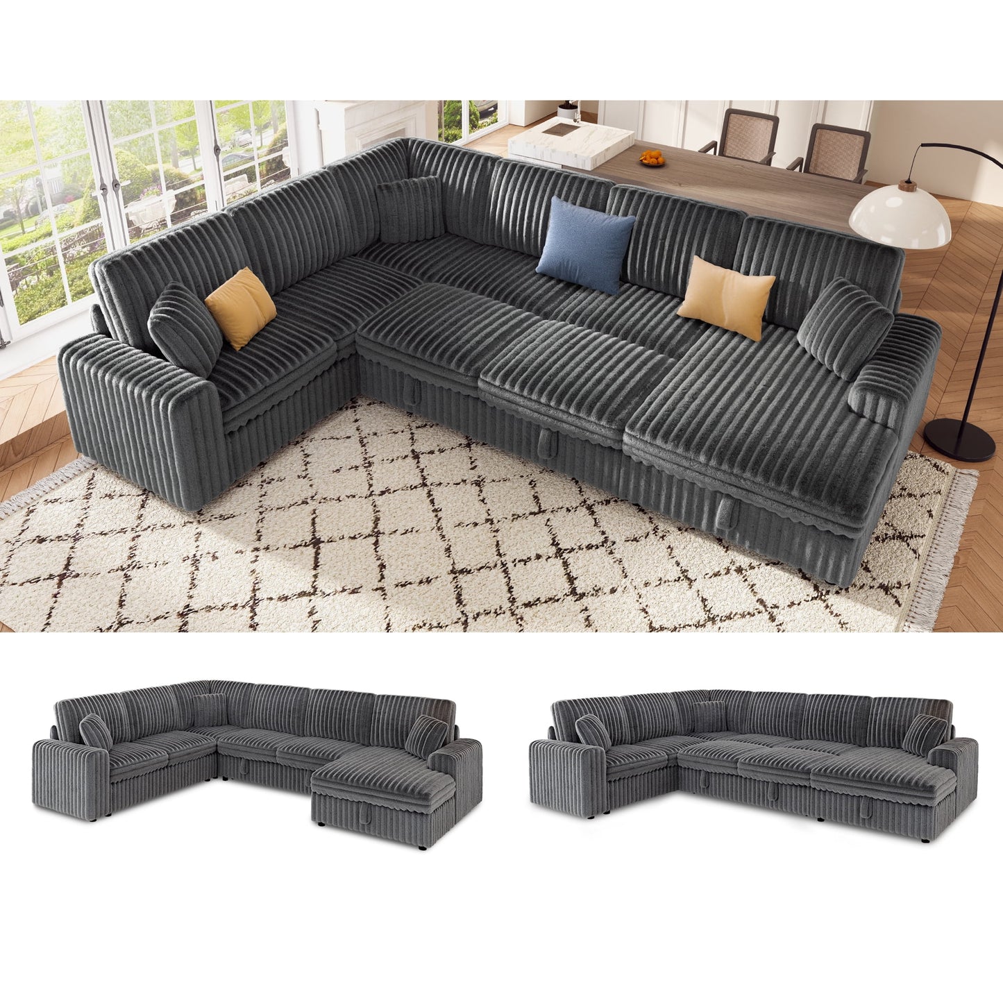 VanAcc 130" Sofa Bed, Sectional Sleeper Sofa with Pull Out Bed, Sleeper Couch with Storage, 6 Seater Couch for Living Room