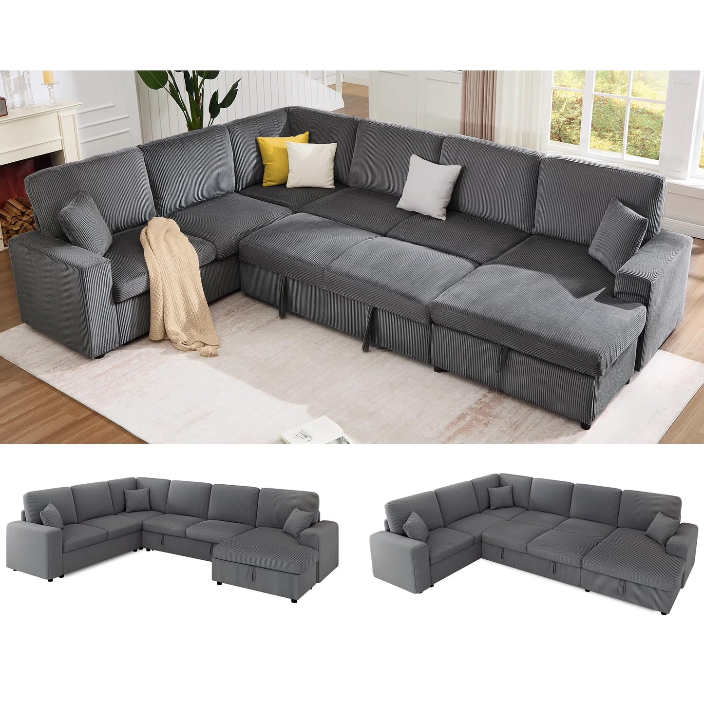 VanAcc 130" Sofa Bed, Sectional Sleeper Sofa with Pull Out Bed, Sleeper Couch with Storage, 6 Seater Couch for Living Room