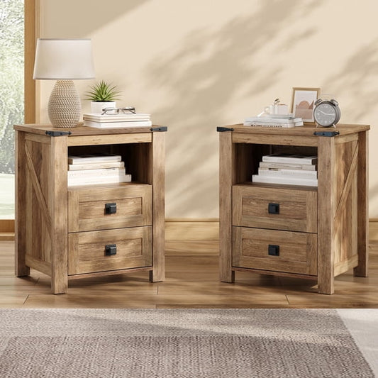 VanAcc 17.7"W Farmhouse Nightstand Set of 2, Wooden Side Table with Drawers & Open Shelf, Narrow Bedside End Table for Bedroom