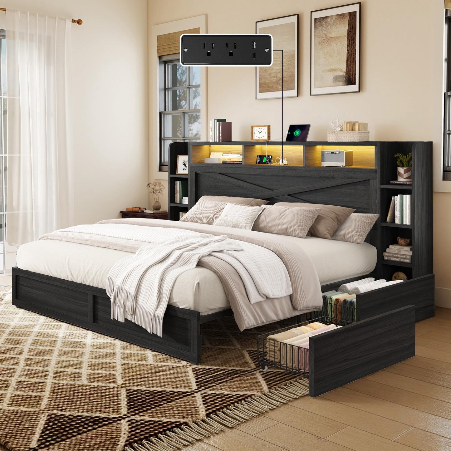 VanAcc 45" Farmhouse Storage Bed Frame with Bookcase Headboard, Side Shelves & Underbed Drawers, LED Light & USB Charging Station