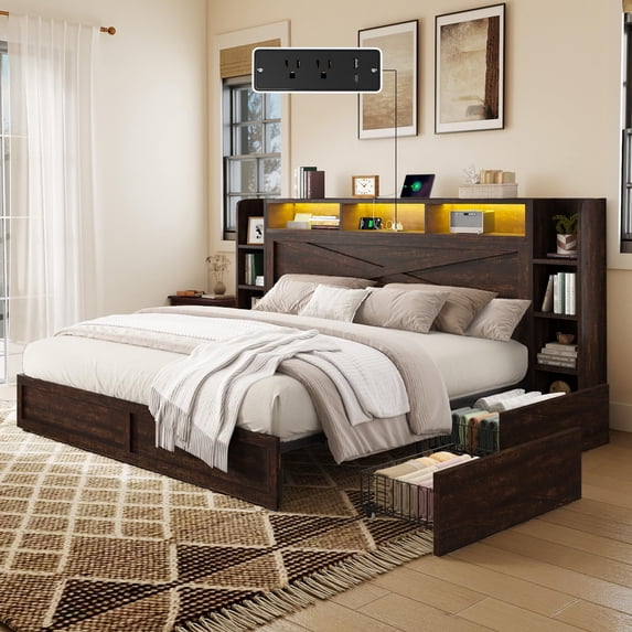VanAcc 45" Farmhouse Storage Bed Frame with Bookcase Headboard, Side Shelves & Underbed Drawers, LED Light & USB Charging Station