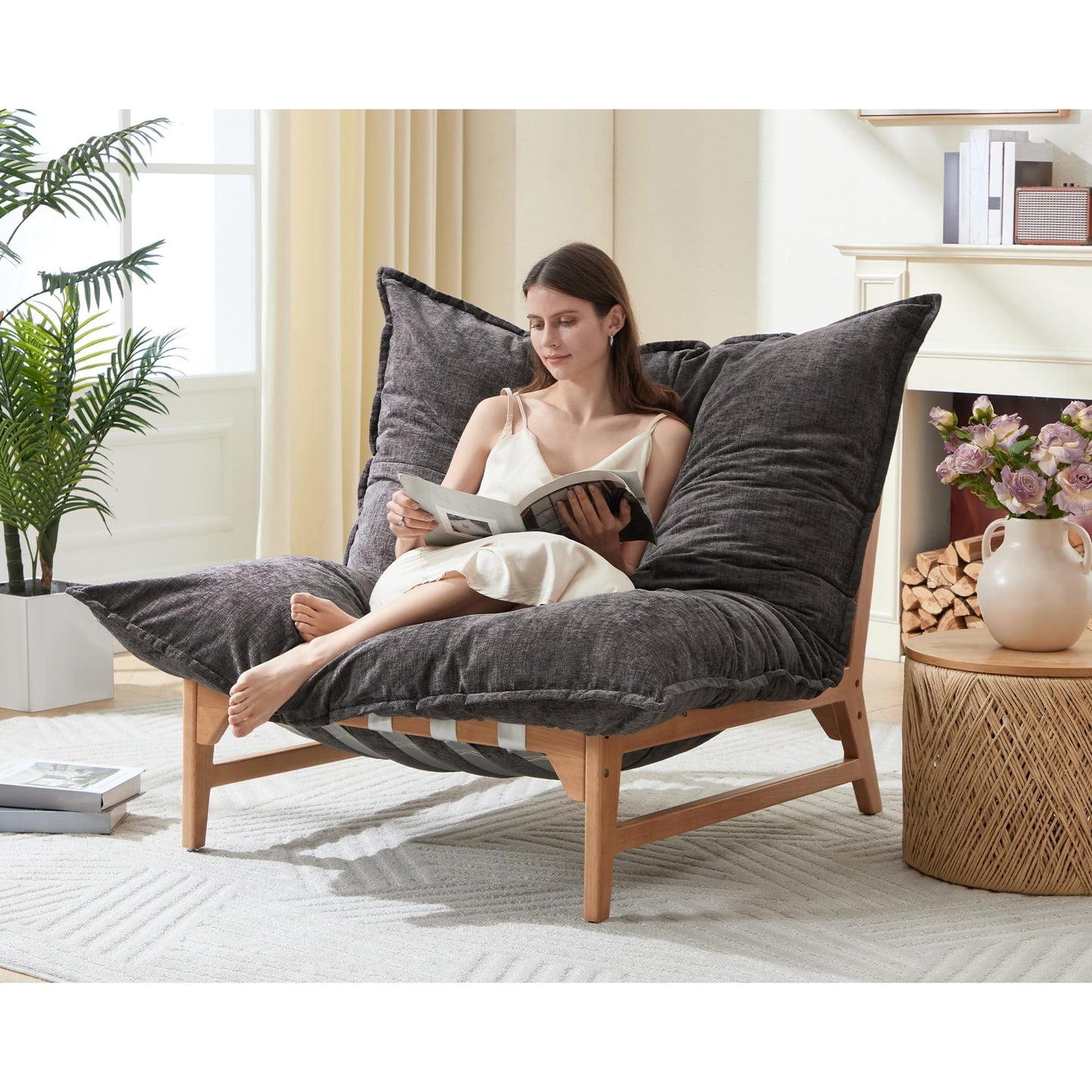 VanAcc 46" Sofa Chair, Modern Accent Chair, Sofa Style Bean Bag with Plush Cushion, Lazy Lounge for Living Room