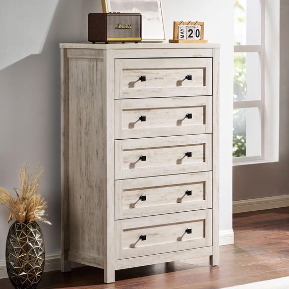 VanAcc 48” H 5-Drawer Chest of Drawers Dresser for Bedroom, with Vintage Grain Texture, Farmhouse Wood Dresser for Living Room, Distressed White
