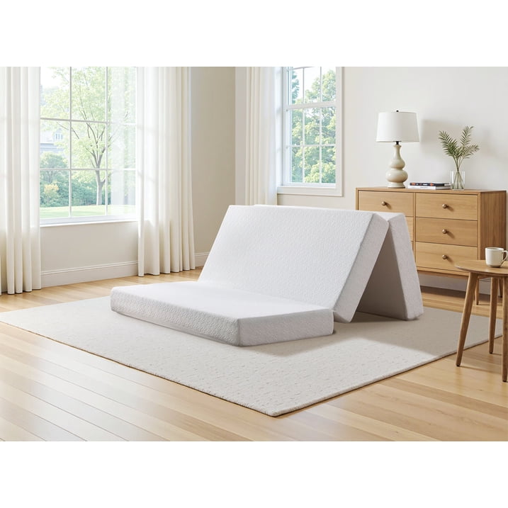 VanAcc 6" Tri-Fold Memory Foam Mattress, Folding Guest Bed with Washable Cover, Portable Floor Mattress for Travel, Dorm, White