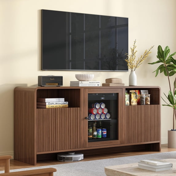 VanAcc 60" All-in-One TV Stand with Refrigerator, Walnut, Beverage Fridge, Adjustable Shelves, Buffet Sideboard Table for Home, Dining Room