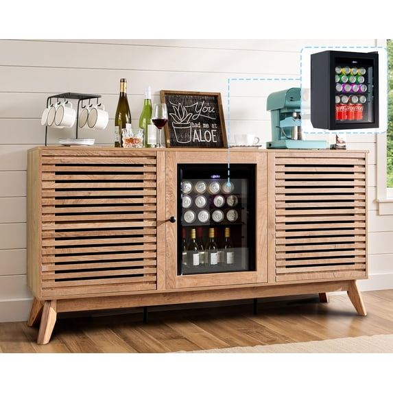 VanAcc 60" Farmhouse Coffee Bar Cabinet with Beverage Fridge (Included), Mini Fridge Cabinet with Wine Storage, for Kitchen Dining Room