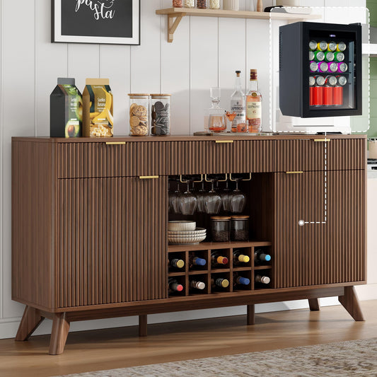 VanAcc 60" Walnut Fluted Coffee Bar Cabinet, Fridge Space with Wine Rack, Glass Holder, 3 Drawers Sideboard
