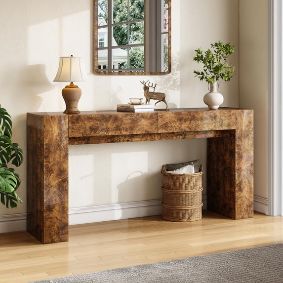 VanAcc Burl Wood Console Table, Modern High Gloss Entryway Table with 2 Storage Drawers for Entrance, Hallway, Foyer, Living Room