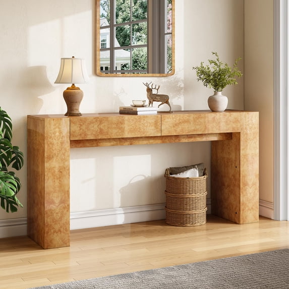 VanAcc Burl Wood Console Table, Modern High Gloss Entryway Table with 2 Storage Drawers for Entrance, Hallway, Foyer, Living Room