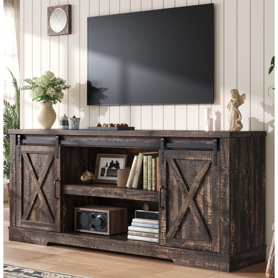 VanAcc 66" 4Pcs Farmhouse Table Set Includes Sliding Barn Door TV Stand, Coffee & Two End Tables, with Charge and Usb Port, for Living Room