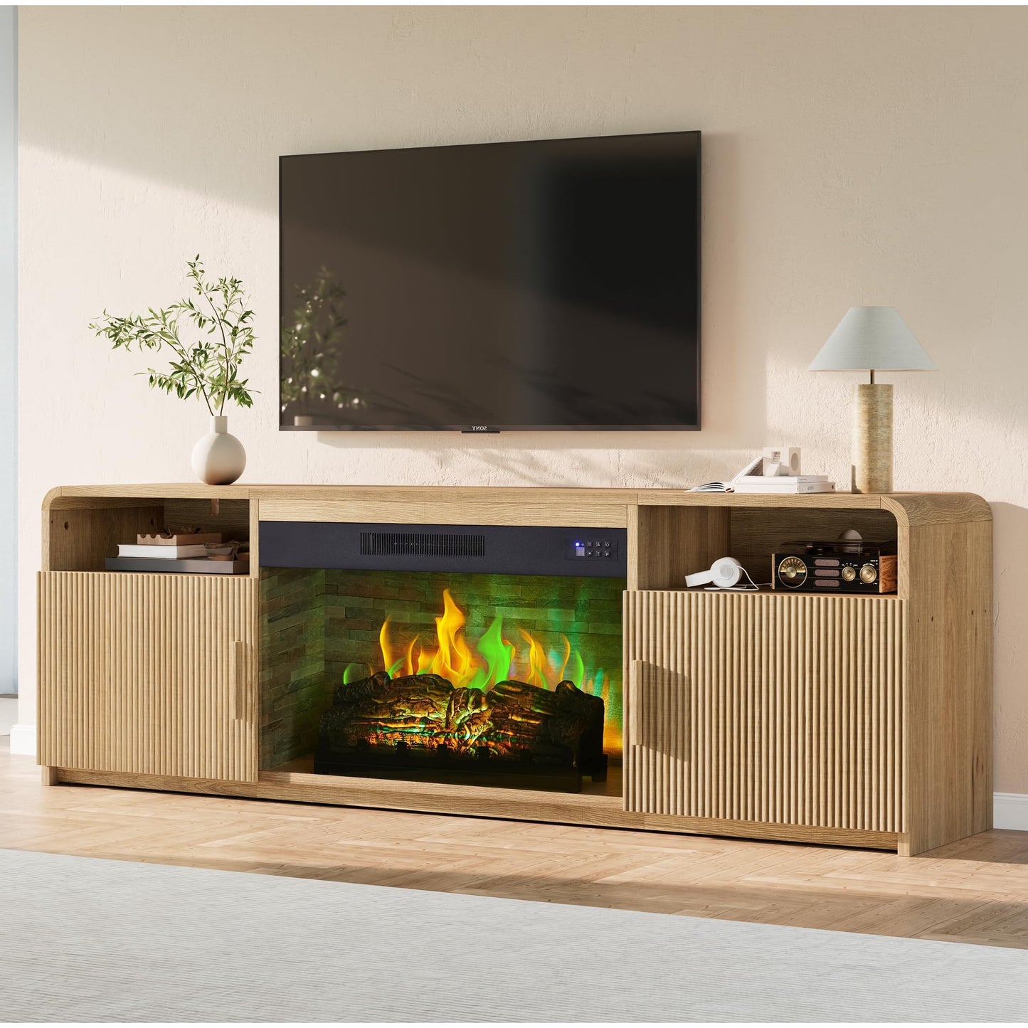VanAcc 70" Fluted Fireplace TV Stand for TVs Up to 80", Modern TV Console with 30" Electric Fireplace & Storage Cabinets, for Living Room