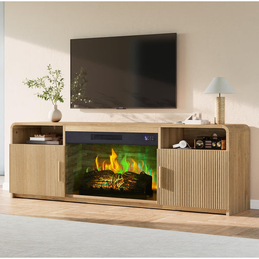 VanAcc 70" Fluted Fireplace TV Stand for TVs Up to 80", Modern TV Console with 30" Electric Fireplace & Storage Cabinets, for Living Room