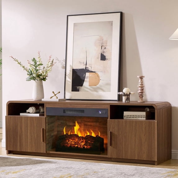 VanAcc 70" Fluted Fireplace TV Stand for TVs Up to 80", Modern TV Console with 30" Electric Fireplace & Storage Cabinets, for Living Room
