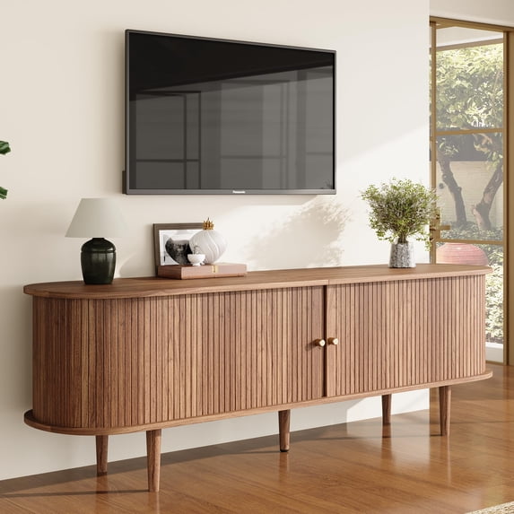 VanAcc 70" Mid Century Modern TV Stand with Tambour Door, TV Console with Solid Wood Legs, with Dust-Proof Storage for Living Room