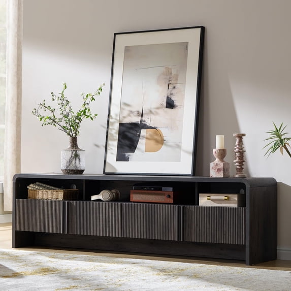 VanAcc 70" Modern TV Stand for TVs Up to 80", Wood TV Console with Curved Profile Design & 2 Storage Cabinets, for Living Room, Black
