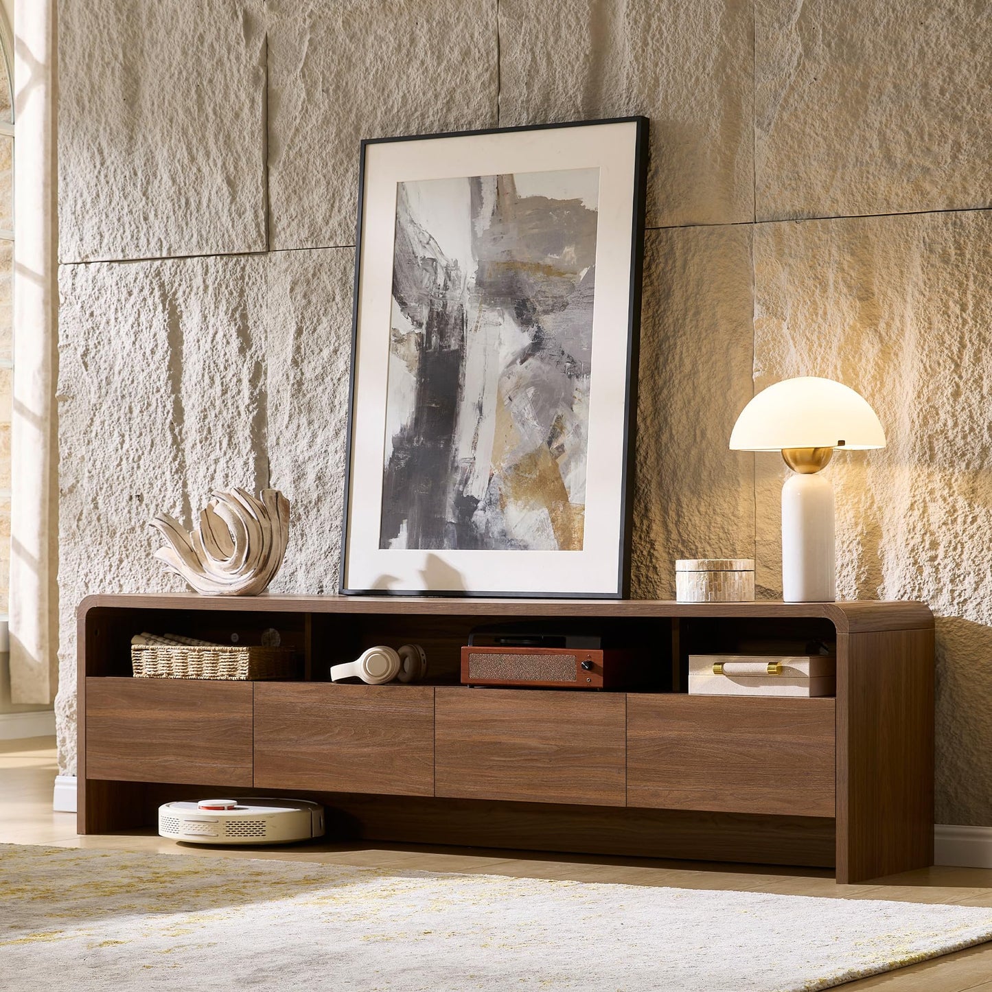 VanAcc 70" Modern TV Stand for TVs up to 80", Wood TV Console with Curved Profile Design & 2 Storage Cabinets for Living Room