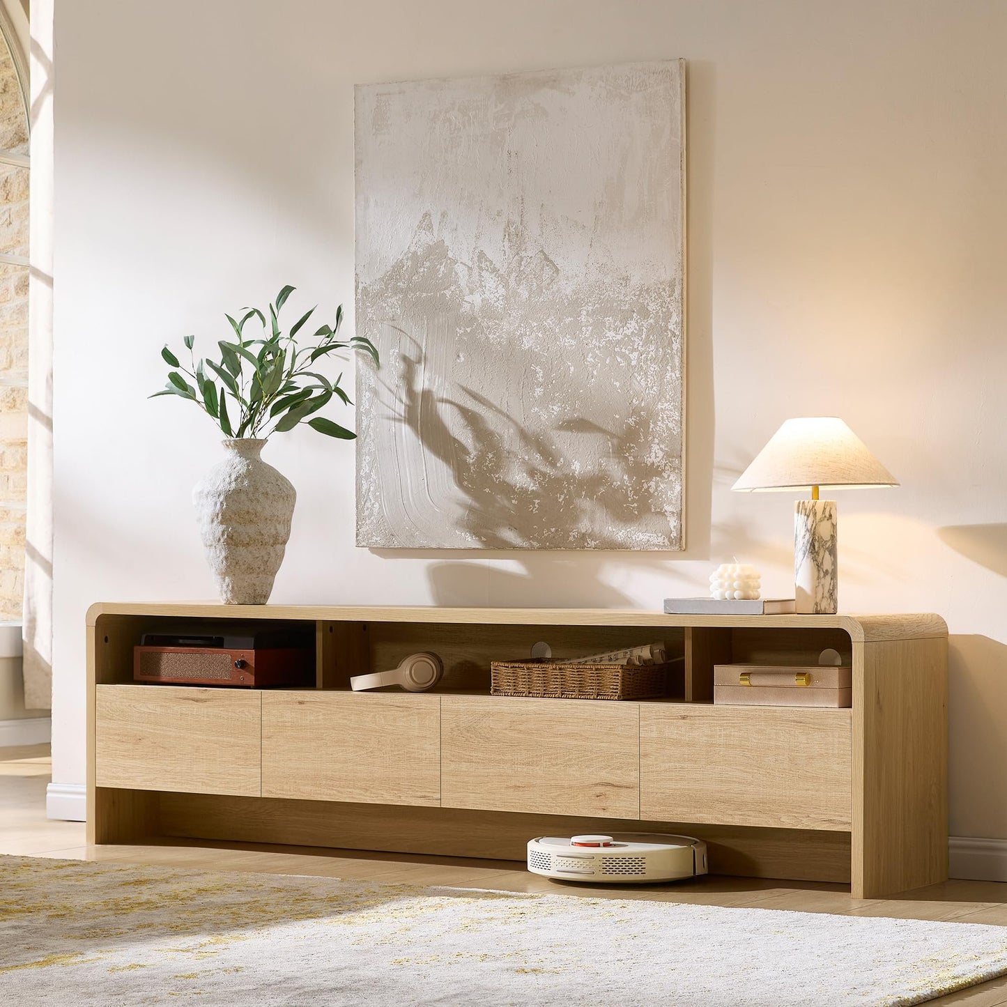 VanAcc 70" Modern TV Stand for TVs up to 80", Wood TV Console with Curved Profile Design & 2 Storage Cabinets for Living Room