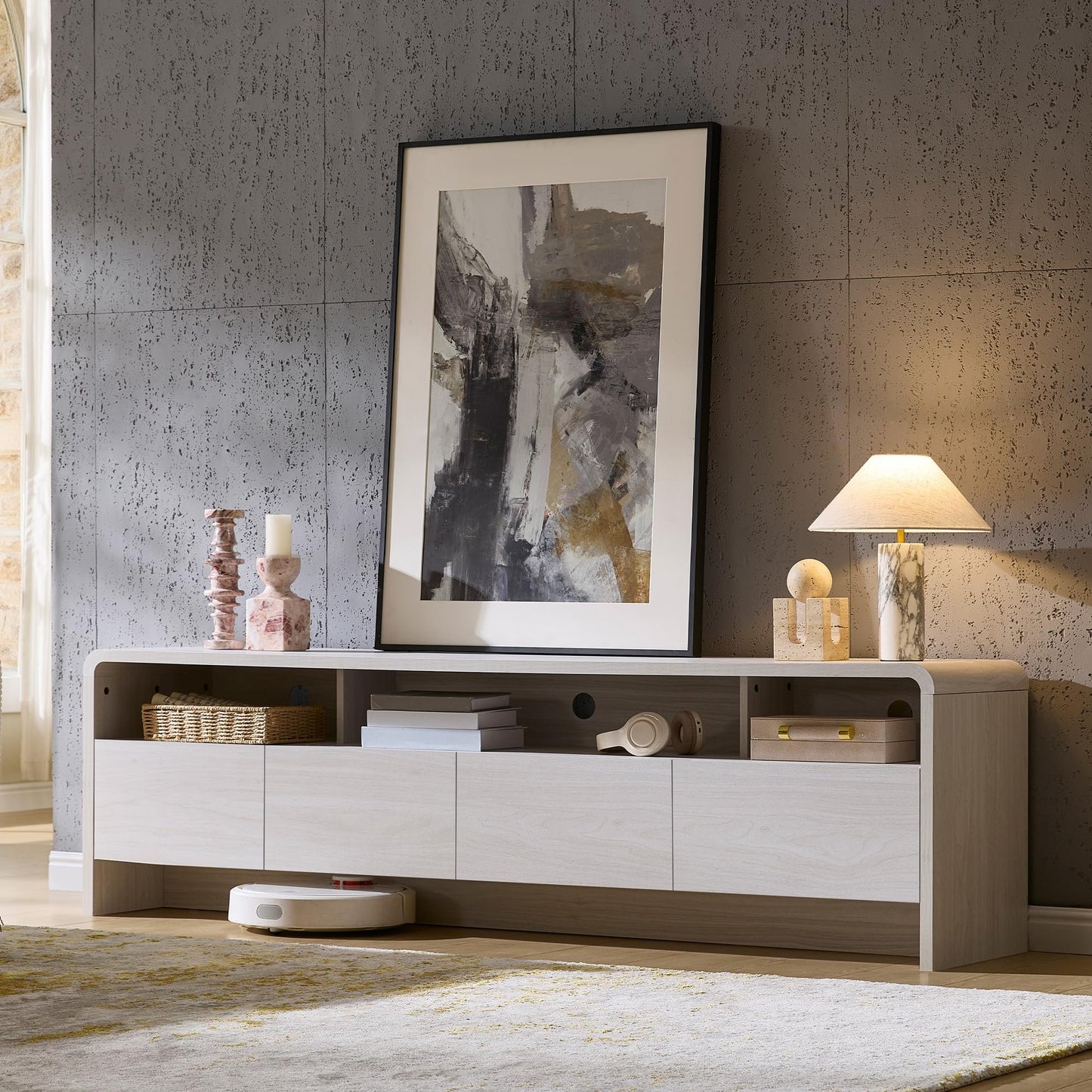 VanAcc 70" Modern TV Stand for TVs up to 80", Wood TV Console with Curved Profile Design & 2 Storage Cabinets for Living Room