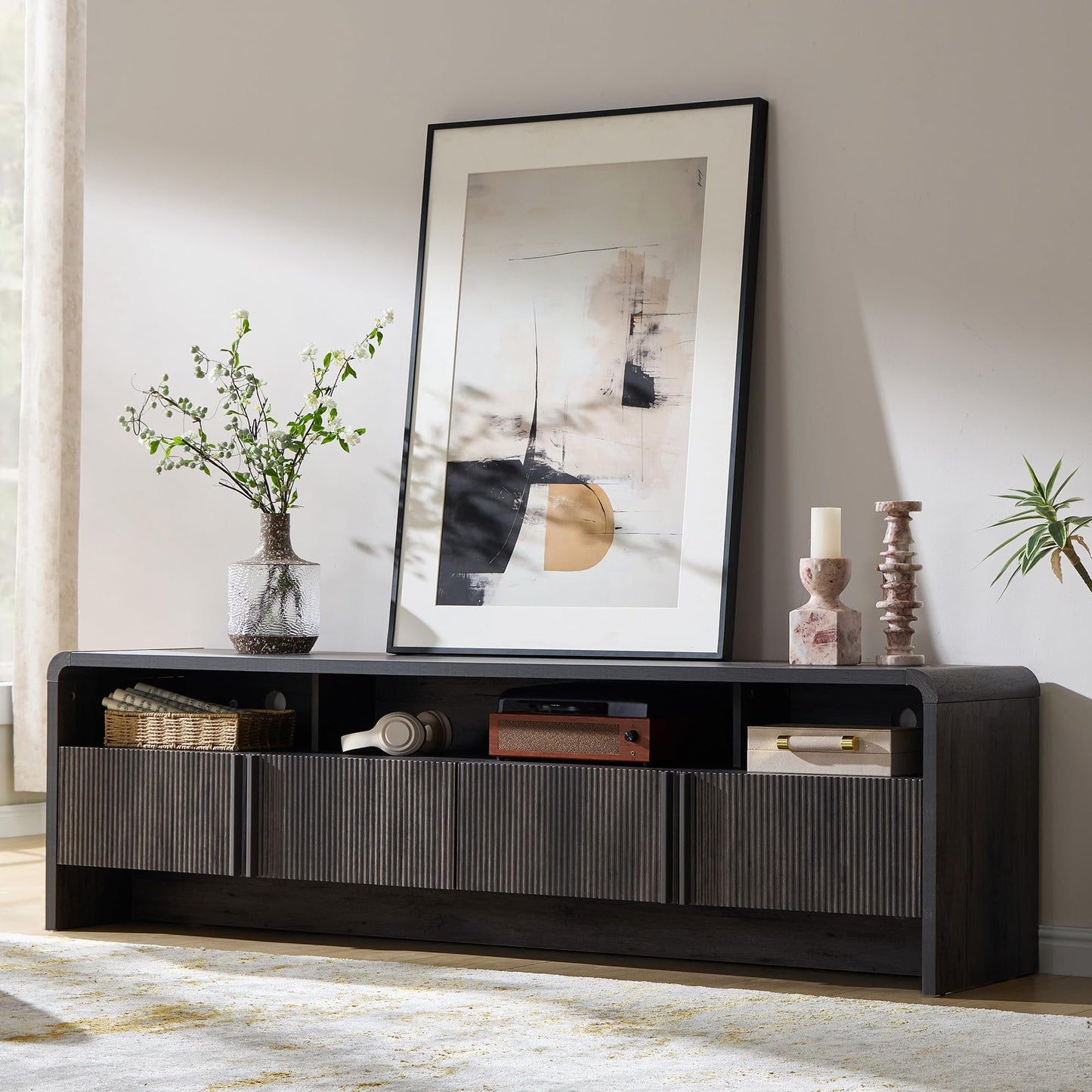 VanAcc 70" Modern TV Stand for TVs up to 80", Wood TV Console with Curved Profile Design & 2 Storage Cabinets for Living Room