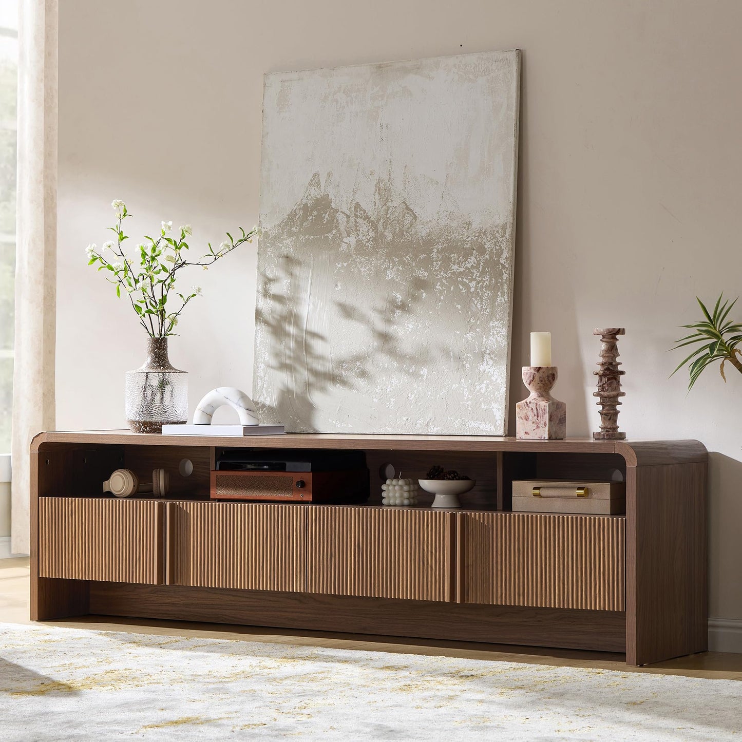 VanAcc 70" Modern TV Stand for TVs up to 80", Wood TV Console with Curved Profile Design & 2 Storage Cabinets for Living Room