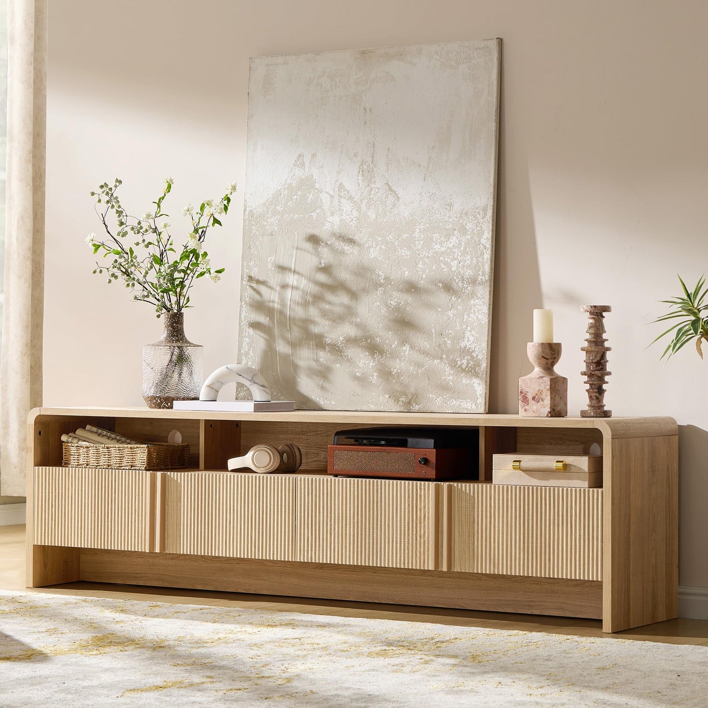VanAcc 70" Modern TV Stand for TVs up to 80", Wood TV Console with Curved Profile Design & 2 Storage Cabinets for Living Room