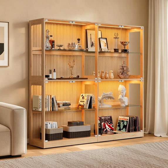 VanAcc RGB Display Cabinet with Glass Shelves, 4-Tier Storage, LED Lights, for Collectibles, Wood-Grain Slatted Finish