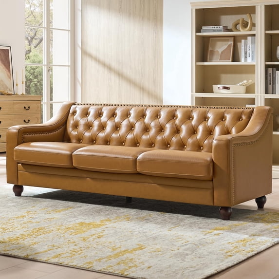 VanAcc 80" Genuine Leather 3-Seater Sofa, Chesterfield Tufted Brown