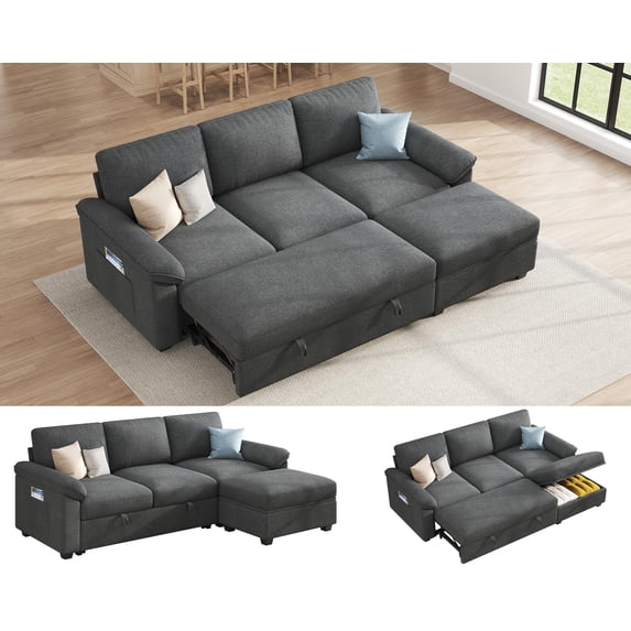 VanAcc Sleeper Sofa Bed with Storage, L Shaped Convertible Couch for Living Room, Side Pockets and Plush Armrest Pillow